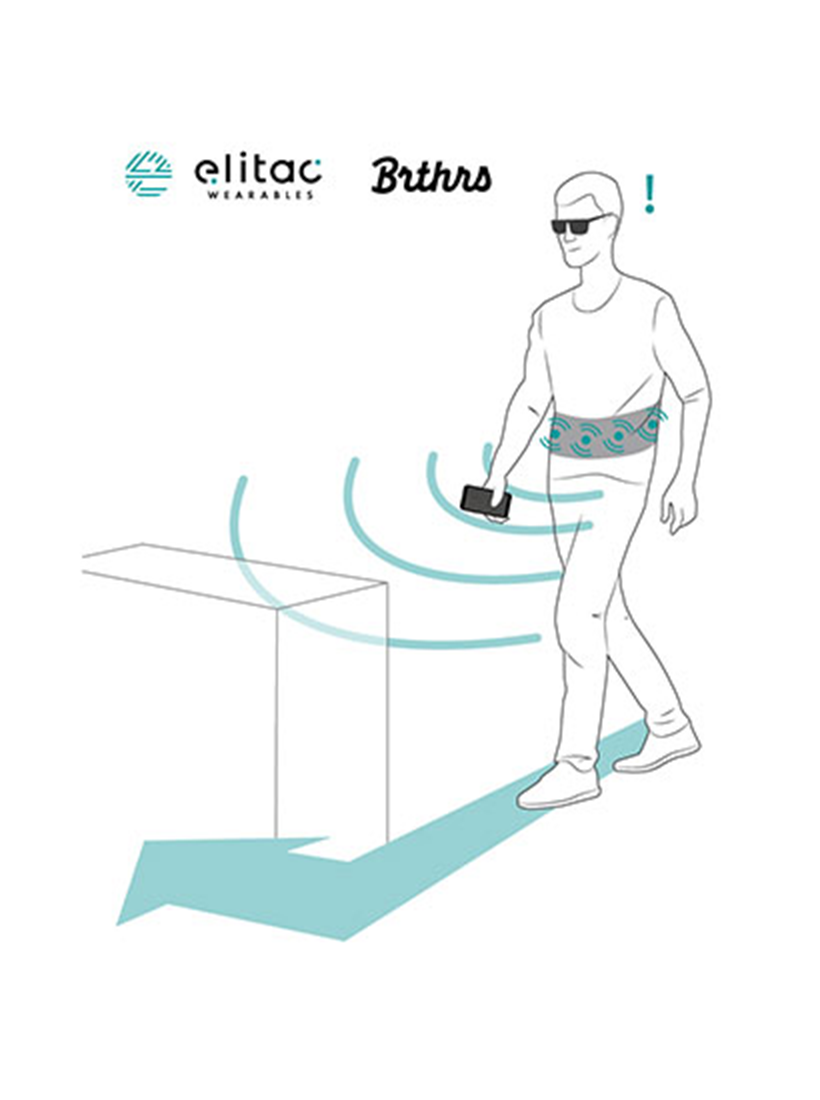 A visualisation of a visually impaired user wearing a haptic feedback wearable. In it, he receives a notification through vibrations in his belt about an obstacle blocking his way.