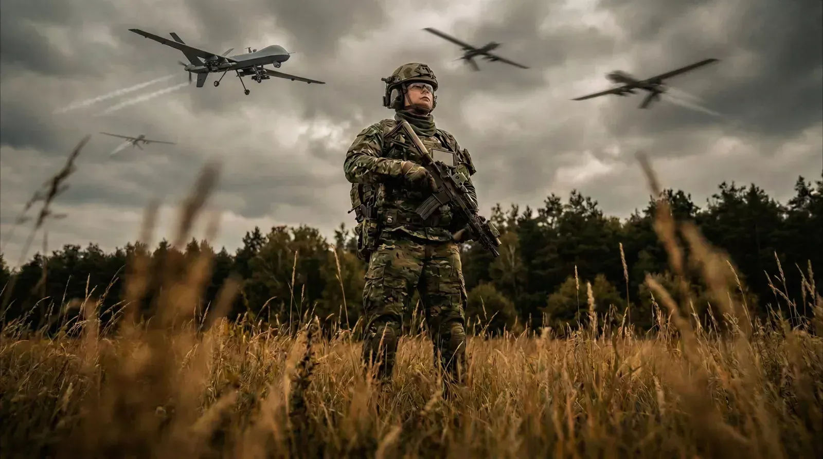 Dismounted soldier in the field facing a drone threat, protected by the Haptic Drone Detection System