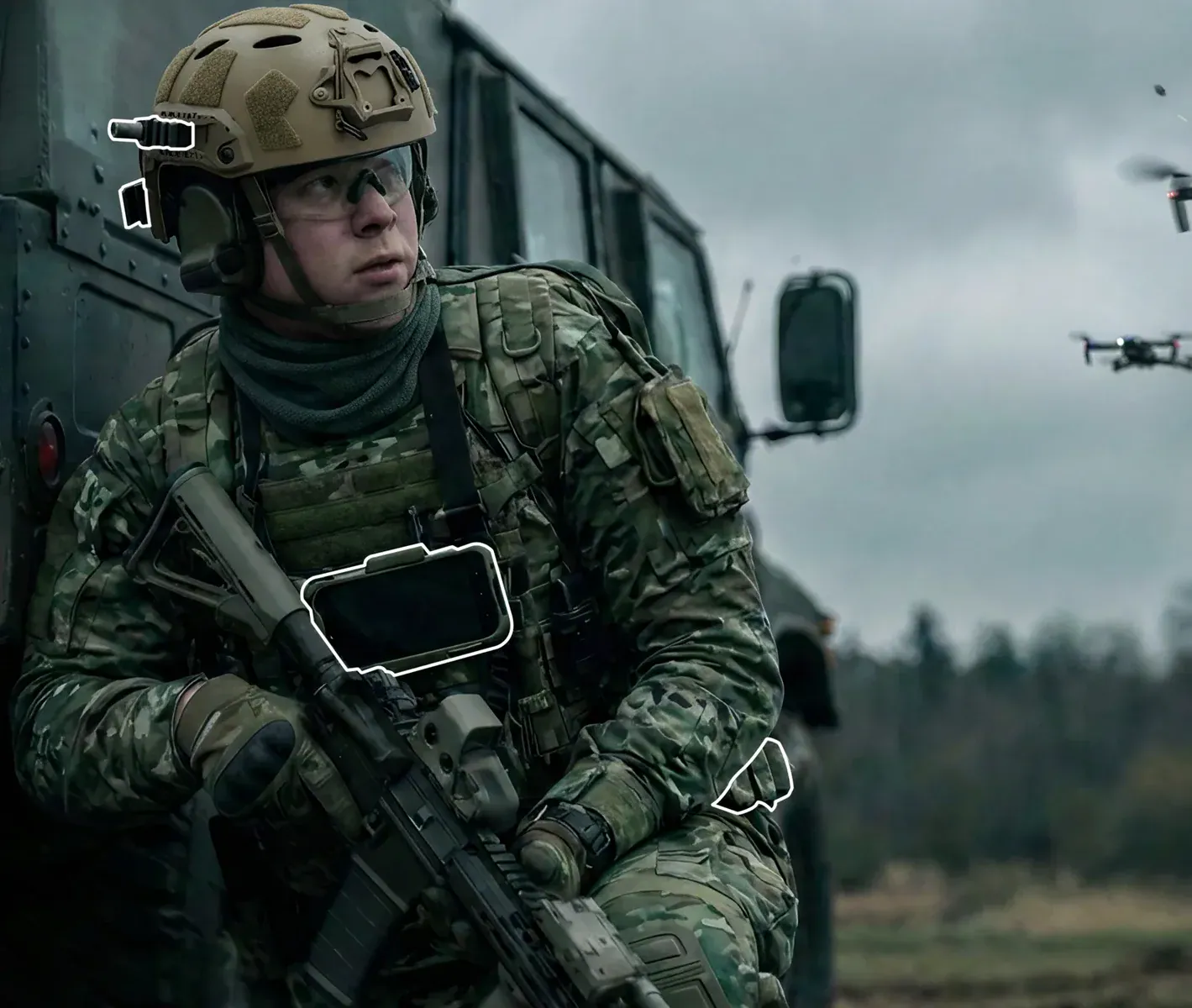 Soldier wearing the Haptic Drone Detection System: helmet-mounted acoustic sensors, end user device and haptic belt for drone warning