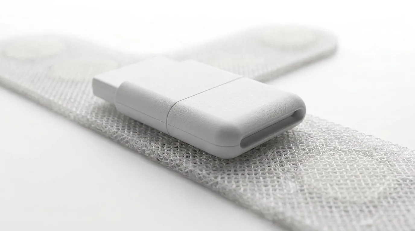 Close-up of the detachable recorder on the textile Multi Sensor E-Health Patch