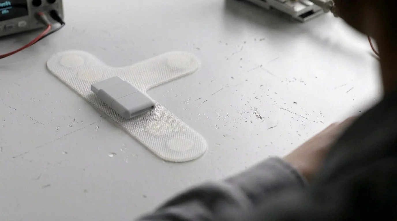 Prototype of the Multi Sensor E-Health Patch on the lab bench at Elitac Wearables